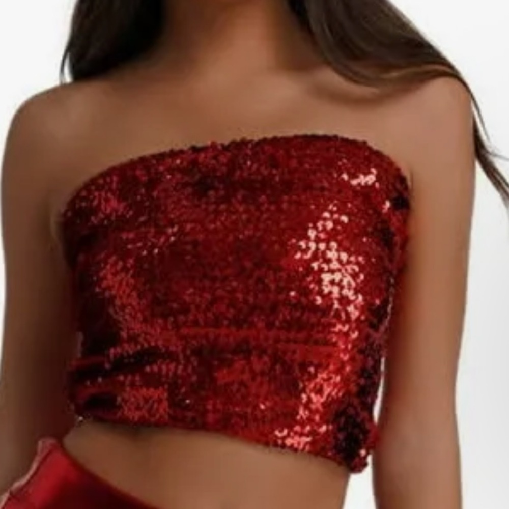 Red Sequin Strapless Top